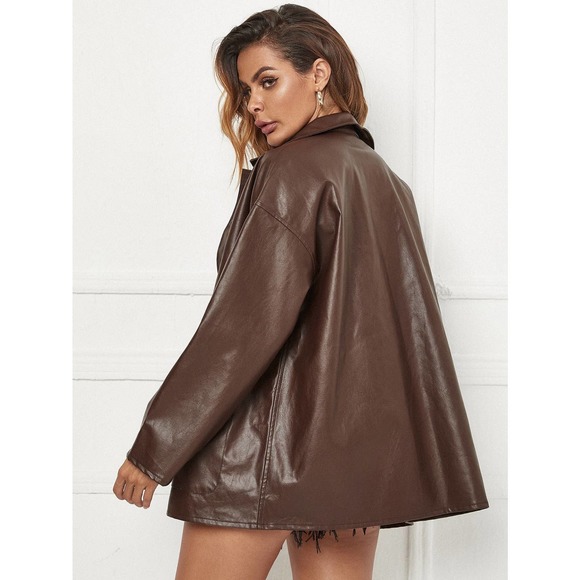 oversized Button Front vegan Leather trucker Jacket shacket brown - Picture 2 of 5